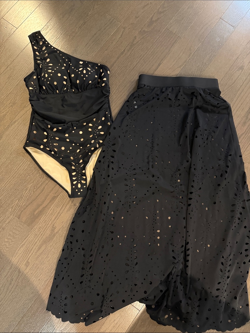 Black One-Shoulder Swim One-Piece and Skirt Cover-Up Set